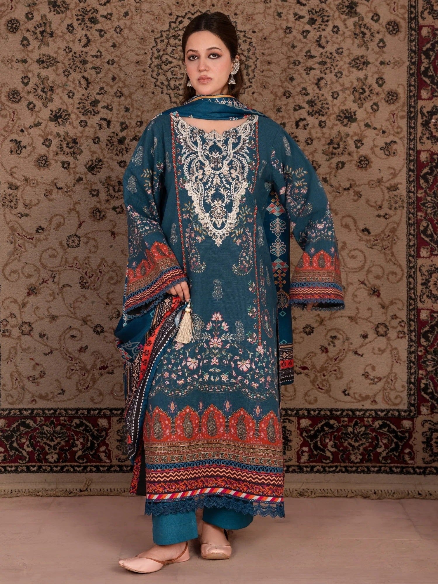 Blue-Chandan Nagri Khaddar Embroidered Stitched 3-Piece Suit-Denali
