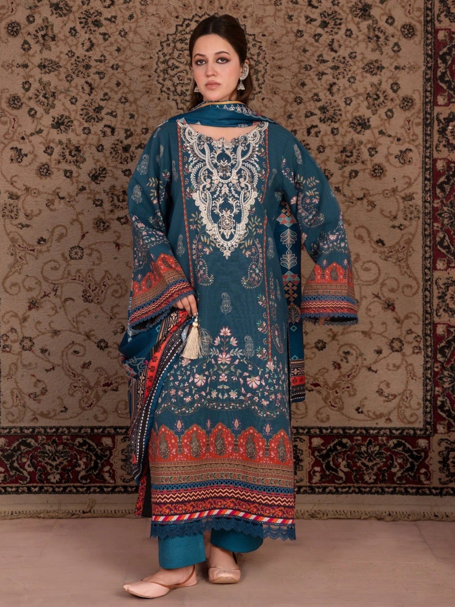 Blue-Chandan Nagri Khaddar Embroidered Stitched 3-Piece Suit-Denali