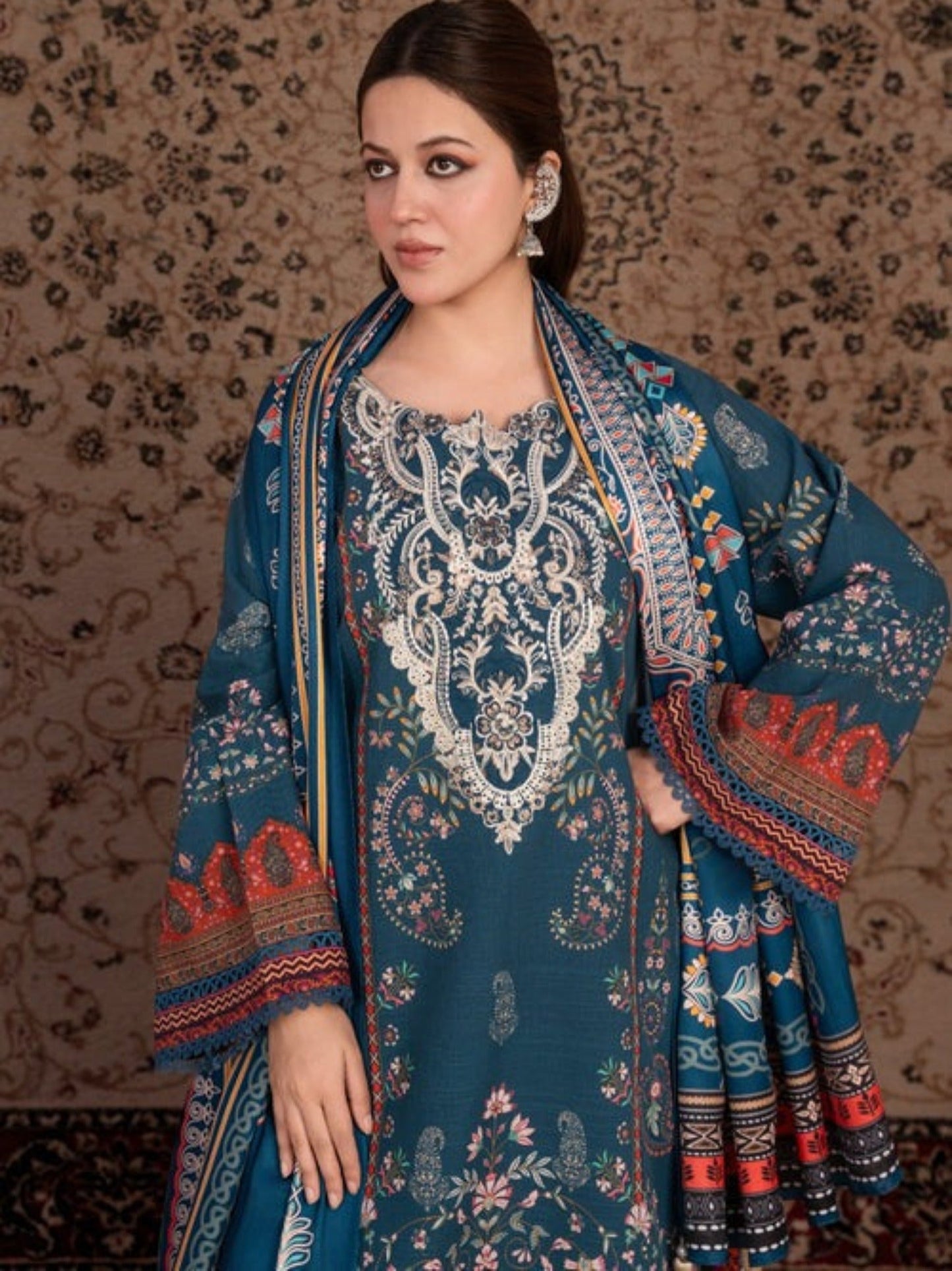 Blue-Chandan Nagri Khaddar Embroidered Stitched 3-Piece Suit-Denali