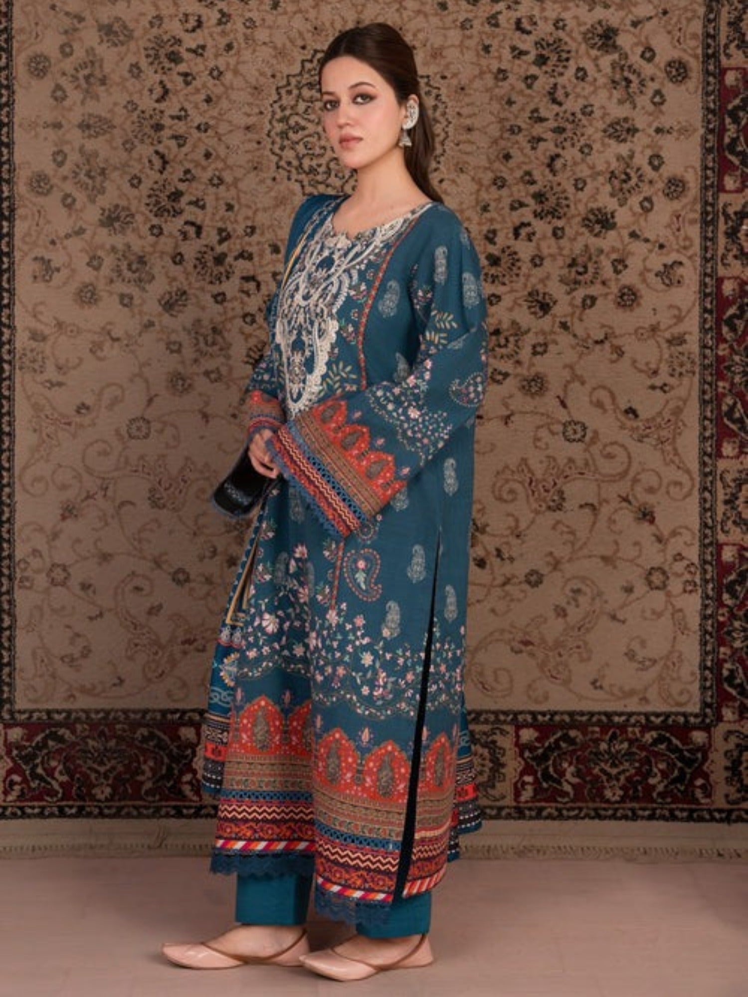 Blue-Chandan Nagri Khaddar Embroidered Stitched 3-Piece Suit-Denali