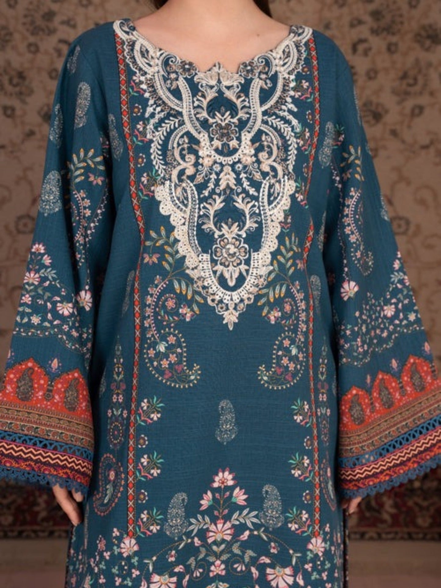 Blue-Chandan Nagri Khaddar Embroidered Stitched 3-Piece Suit-Denali