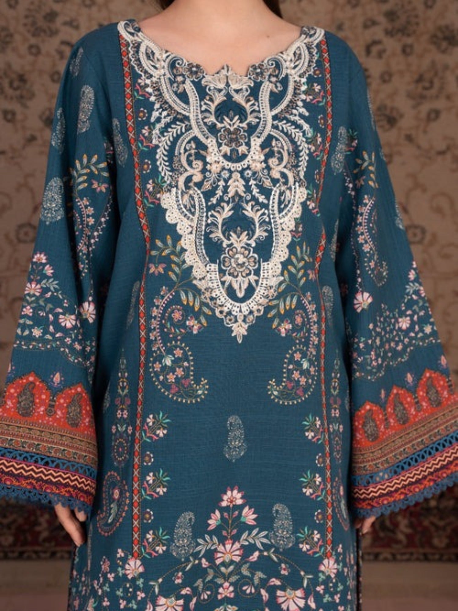 Blue-Chandan Nagri Khaddar Embroidered Stitched 3-Piece Suit-Denali