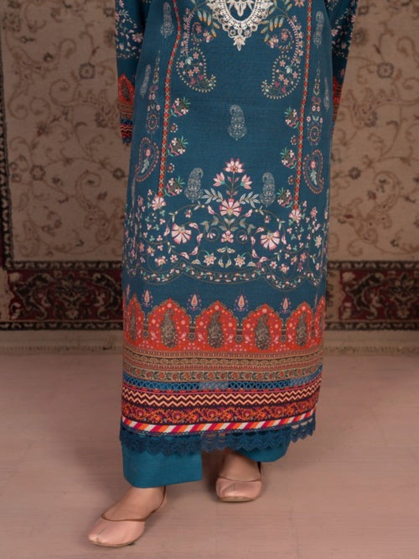Blue-Chandan Nagri Khaddar Embroidered Stitched 3-Piece Suit-Denali
