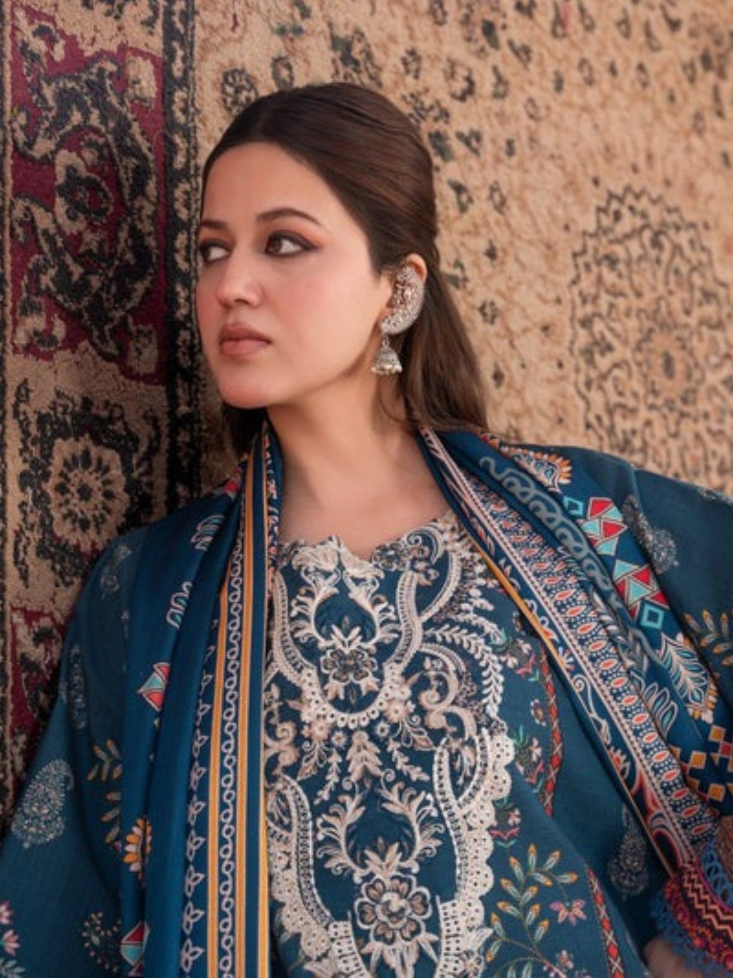 Blue-Chandan Nagri Khaddar Embroidered Stitched 3-Piece Suit-Denali
