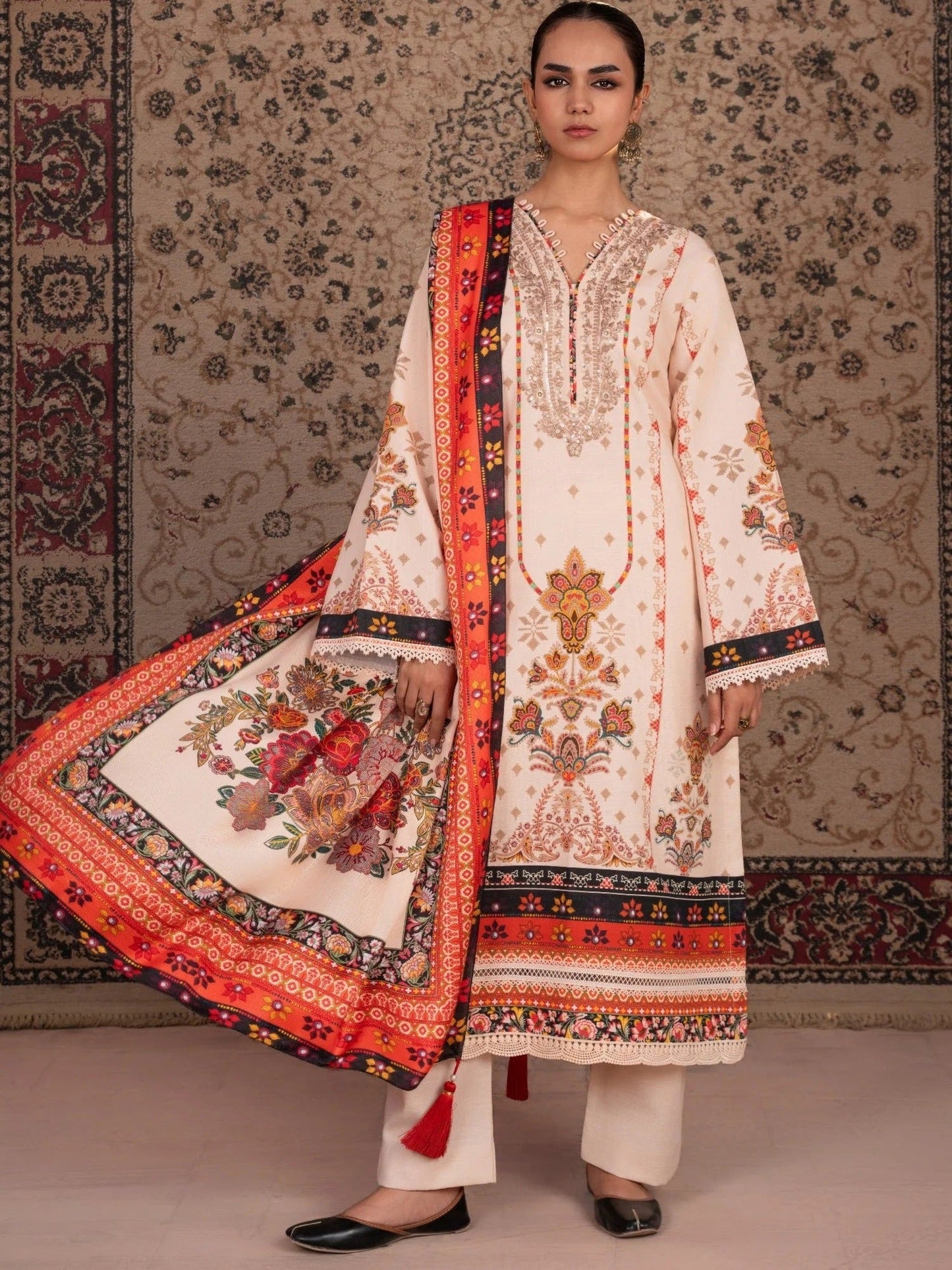 Orange and cream-Chandan Nagri Khaddar Embroidered Stitched 3-Piece Suit-Naren