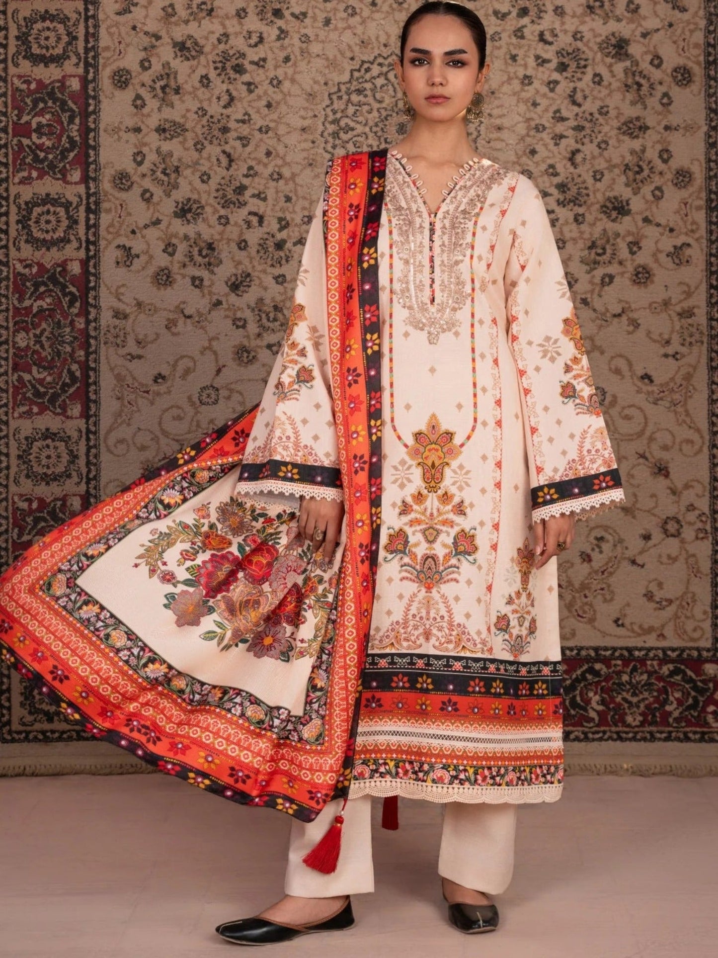 Orange and cream-Chandan Nagri Khaddar Embroidered Stitched 3-Piece Suit-Naren
