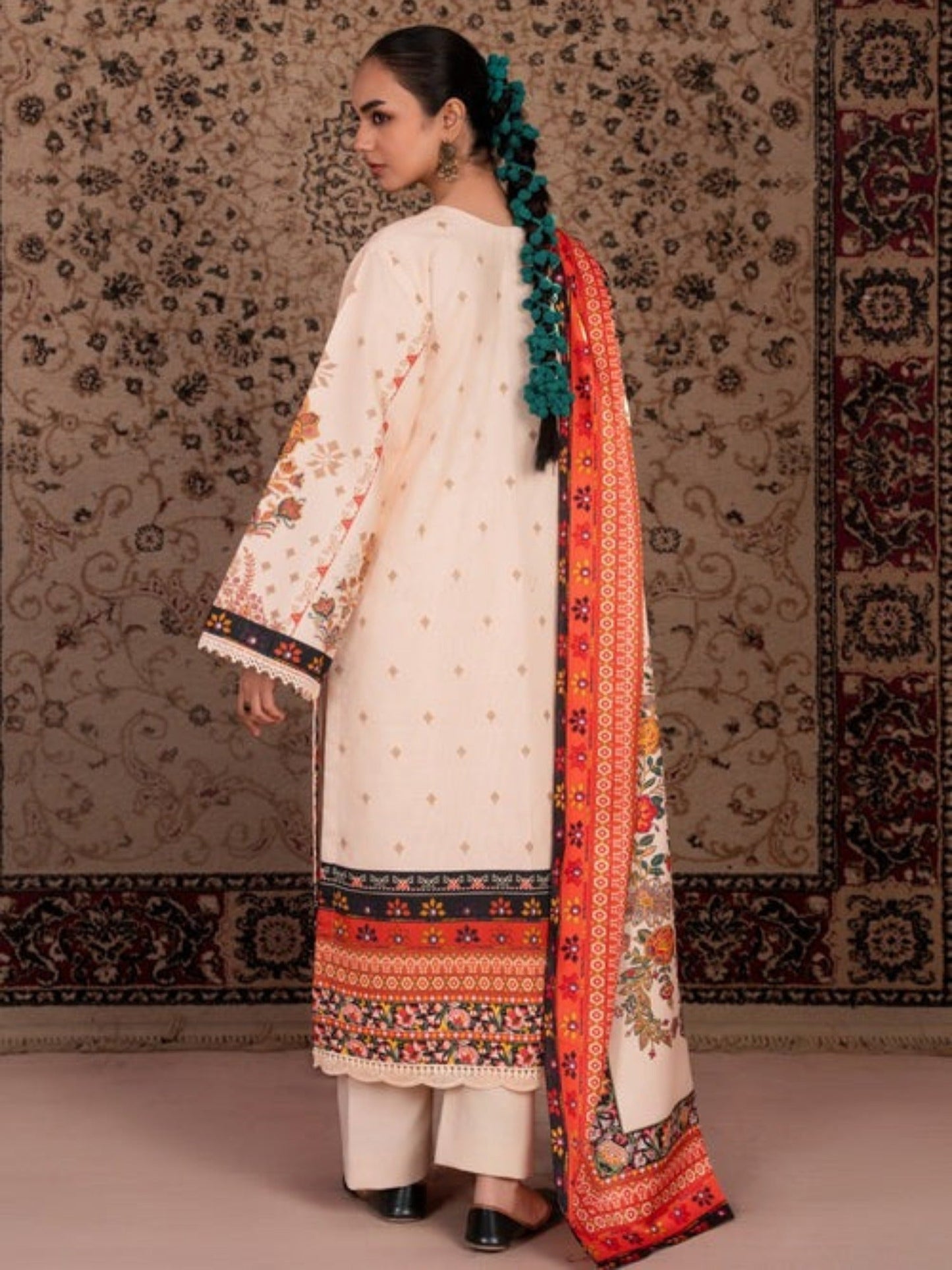 Orange and cream-Chandan Nagri Khaddar Embroidered Stitched 3-Piece Suit-Naren