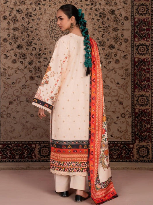 Orange and cream-Chandan Nagri Khaddar Embroidered Stitched 3-Piece Suit-Naren