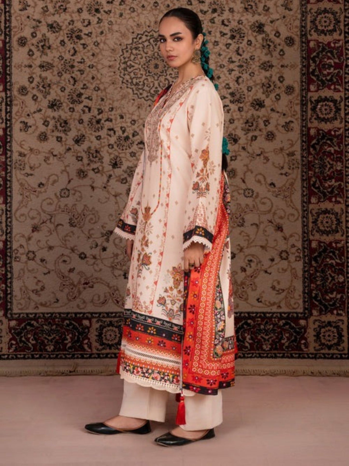 Orange and cream-Chandan Nagri Khaddar Embroidered Stitched 3-Piece Suit-Naren