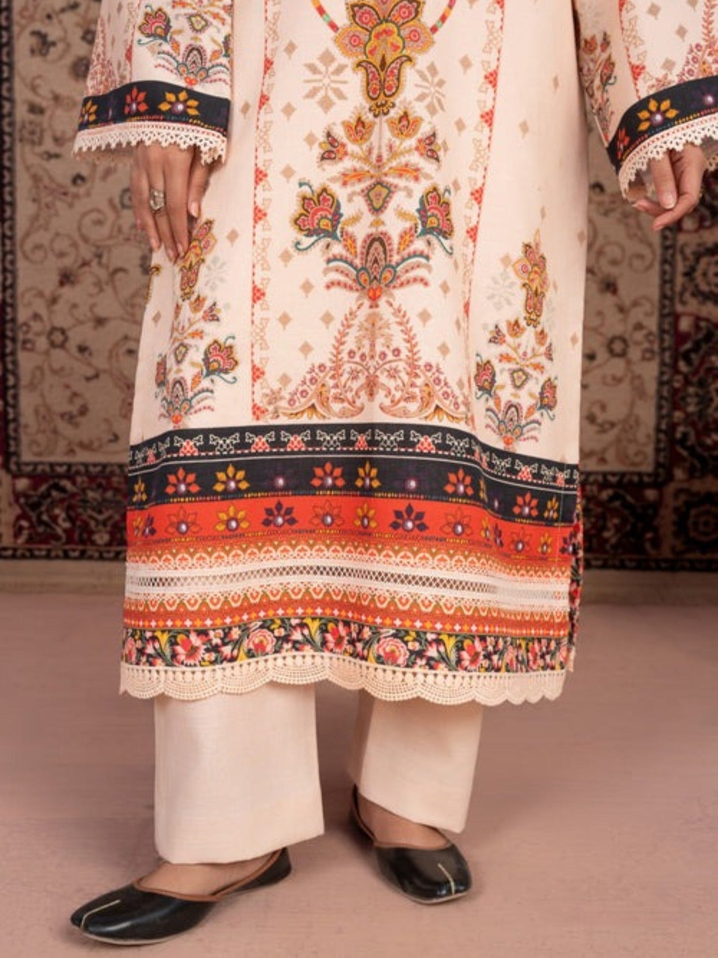 Orange and cream-Chandan Nagri Khaddar Embroidered Stitched 3-Piece Suit-Naren