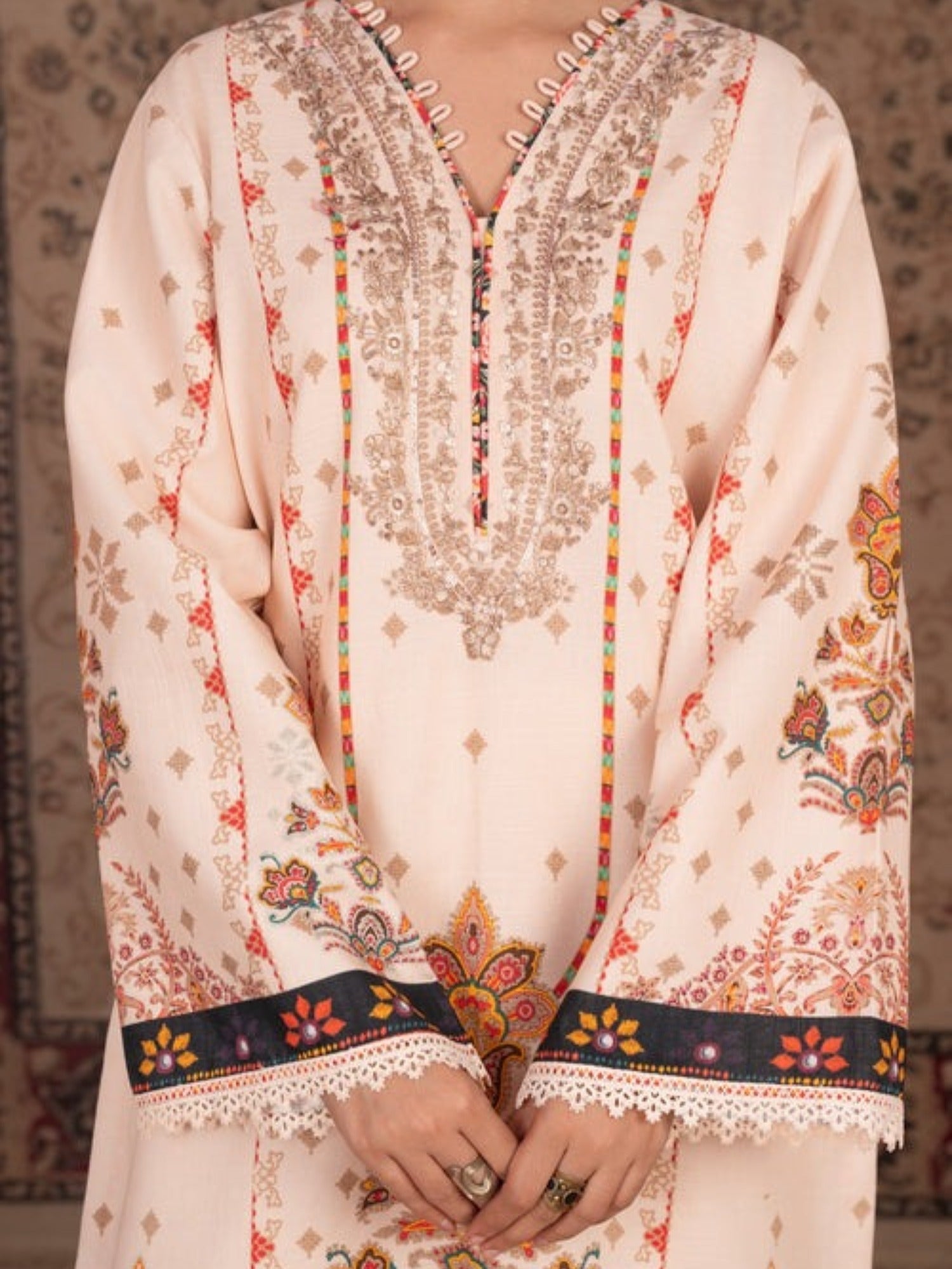 Orange and cream-Chandan Nagri Khaddar Embroidered Stitched 3-Piece Suit-Naren