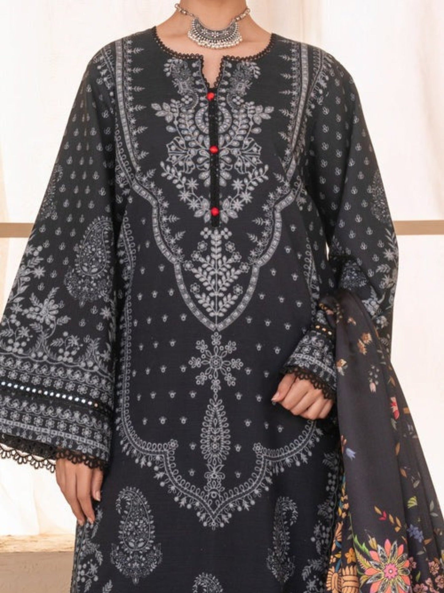 Blue-Chandan Nagri Khaddar Embroidered Stitched 3-Piece Suit-Ramii