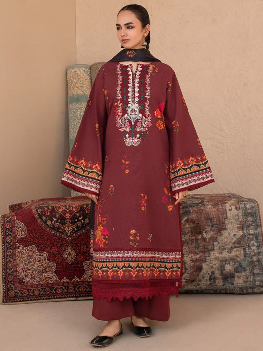 Maroon-Chandan Nagri Khaddar Embroidered Stitched 3-Piece Suit-Zariya