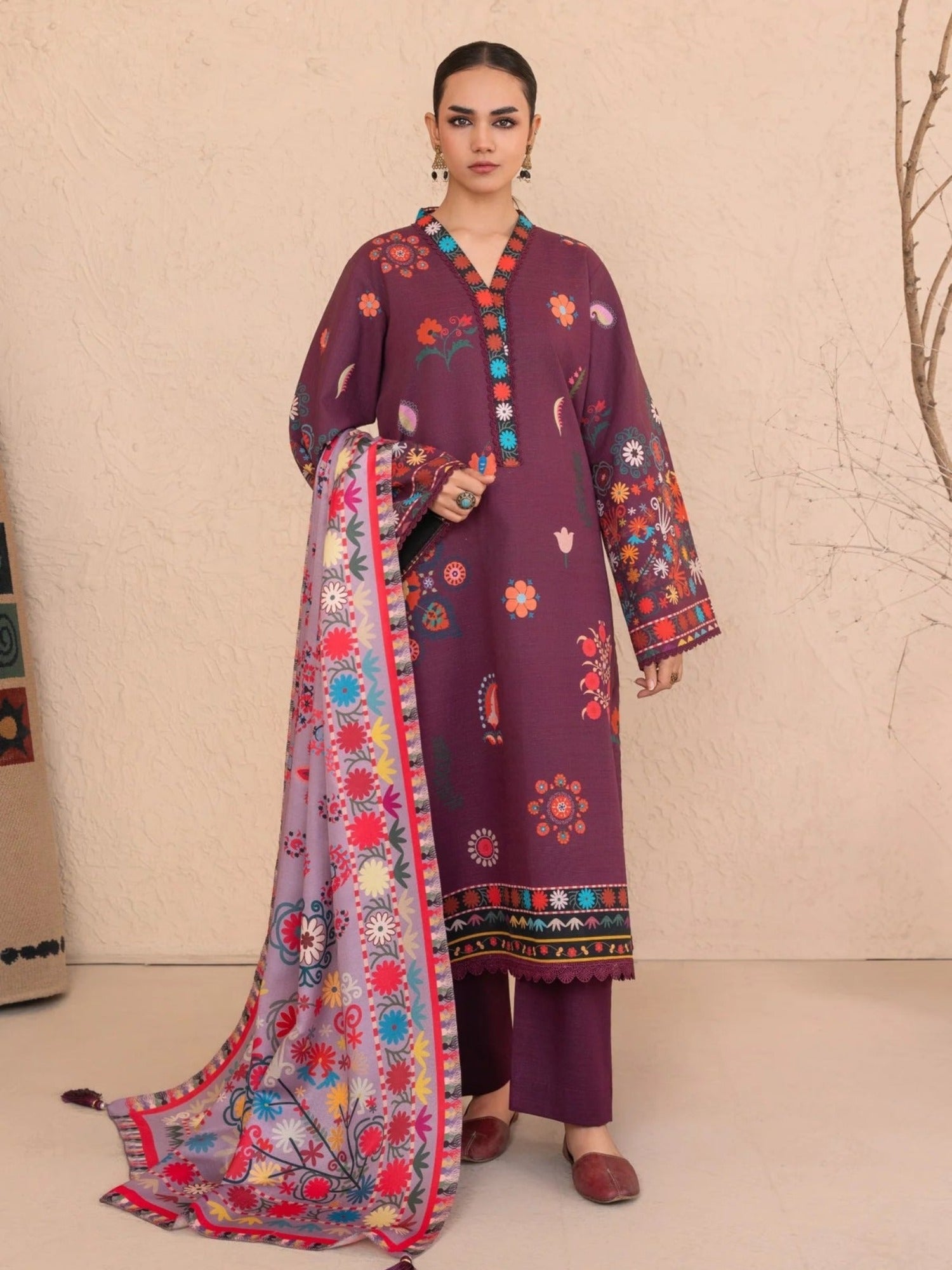 Burgandy-Chandan Nagri Khaddar Embroidered Stitched 3-Piece Suit-Noorza