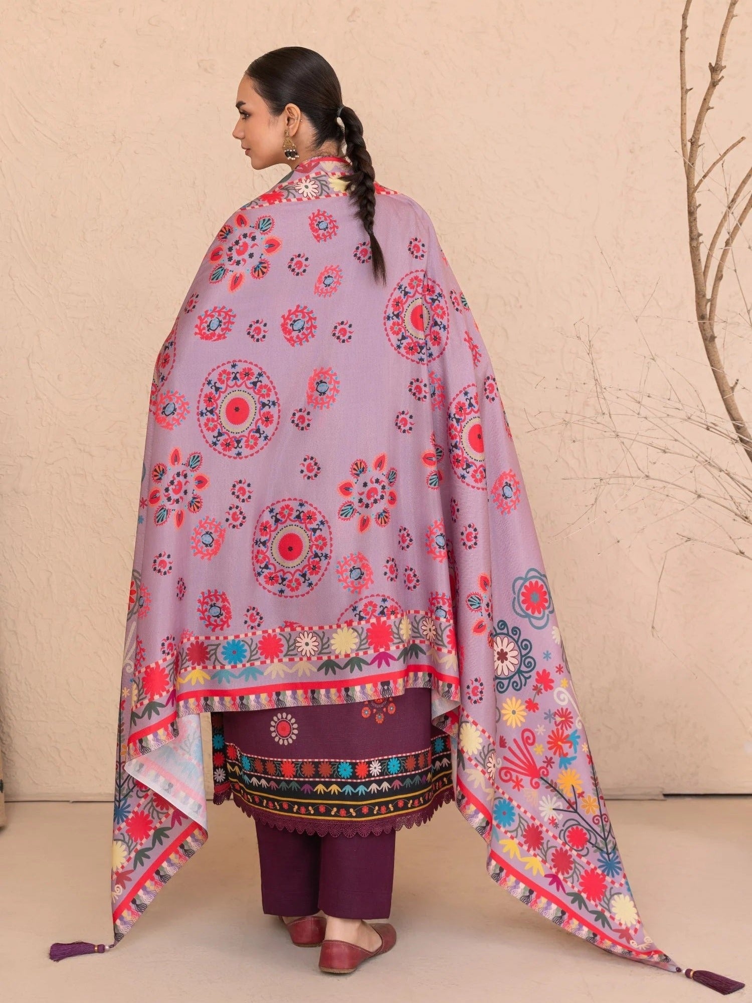 Burgandy-Chandan Nagri Khaddar Embroidered Stitched 3-Piece Suit-Noorza