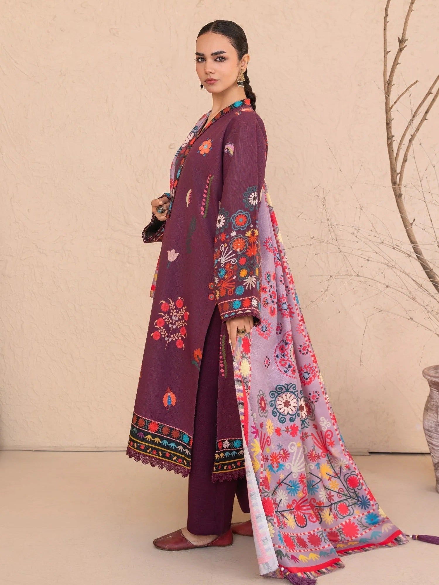 Burgandy-Chandan Nagri Khaddar Embroidered Stitched 3-Piece Suit-Noorza