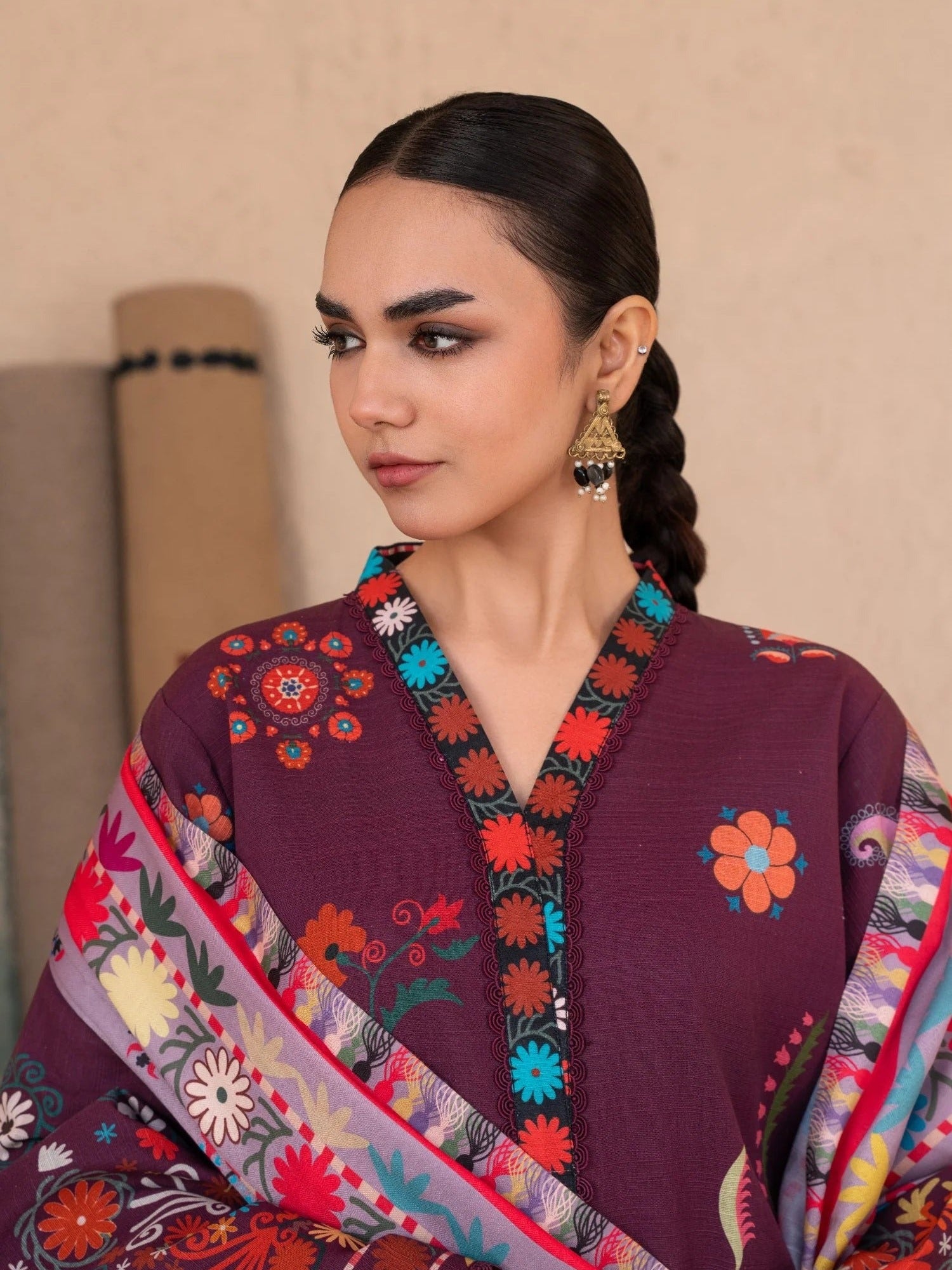 Burgandy-Chandan Nagri Khaddar Embroidered Stitched 3-Piece Suit-Noorza