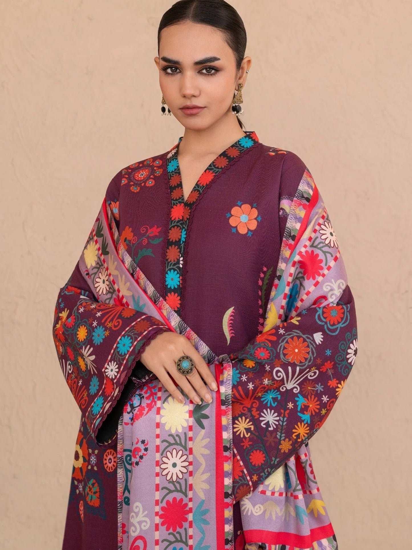 Burgandy-Chandan Nagri Khaddar Embroidered Stitched 3-Piece Suit-Noorza
