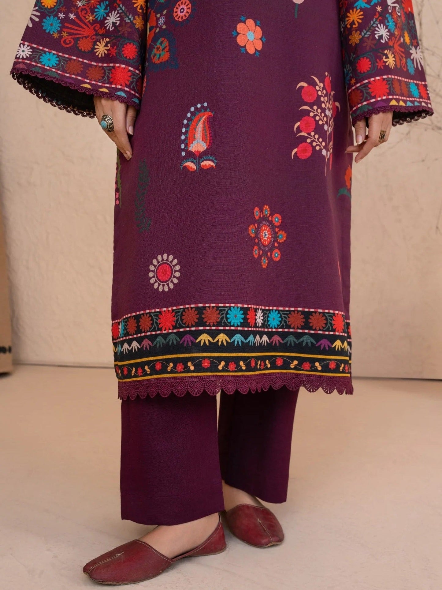 Burgandy-Chandan Nagri Khaddar Embroidered Stitched 3-Piece Suit-Noorza