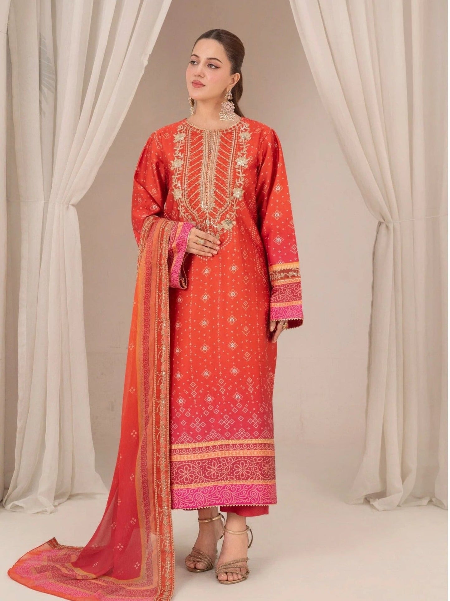 Orange-Chandan Nagri Silk Embroidered Stitched 3-Piece Suit-Derya