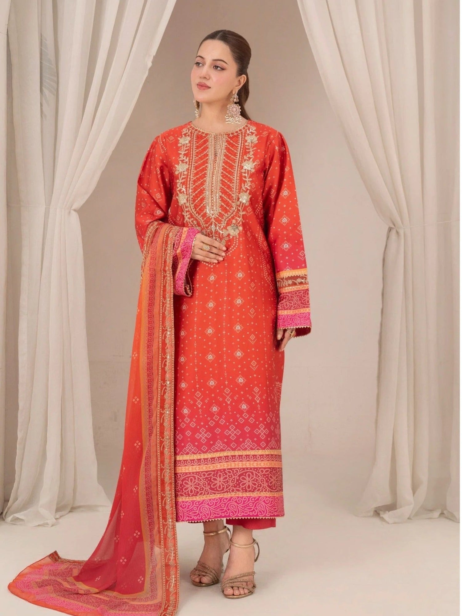 Orange-Chandan Nagri Silk Embroidered Stitched 3-Piece Suit-Derya