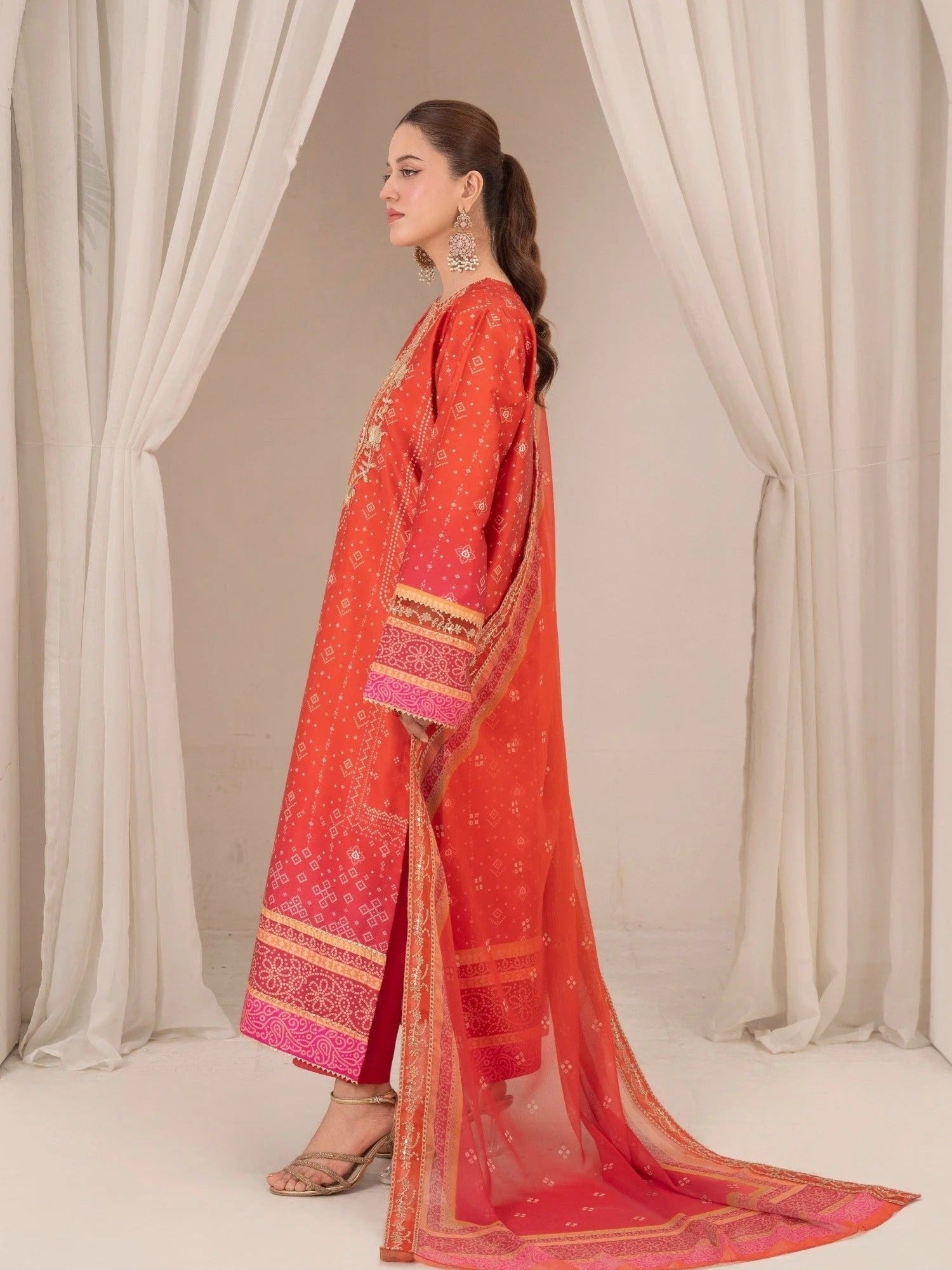 Orange-Chandan Nagri Silk Embroidered Stitched 3-Piece Suit-Derya