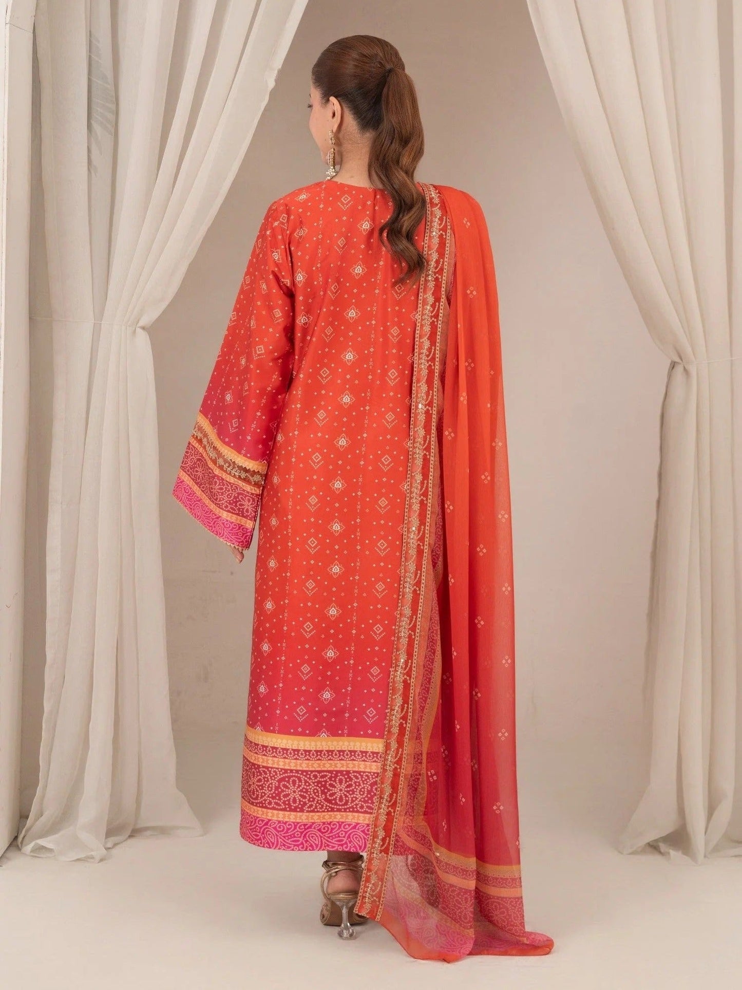Orange-Chandan Nagri Silk Embroidered Stitched 3-Piece Suit-Derya