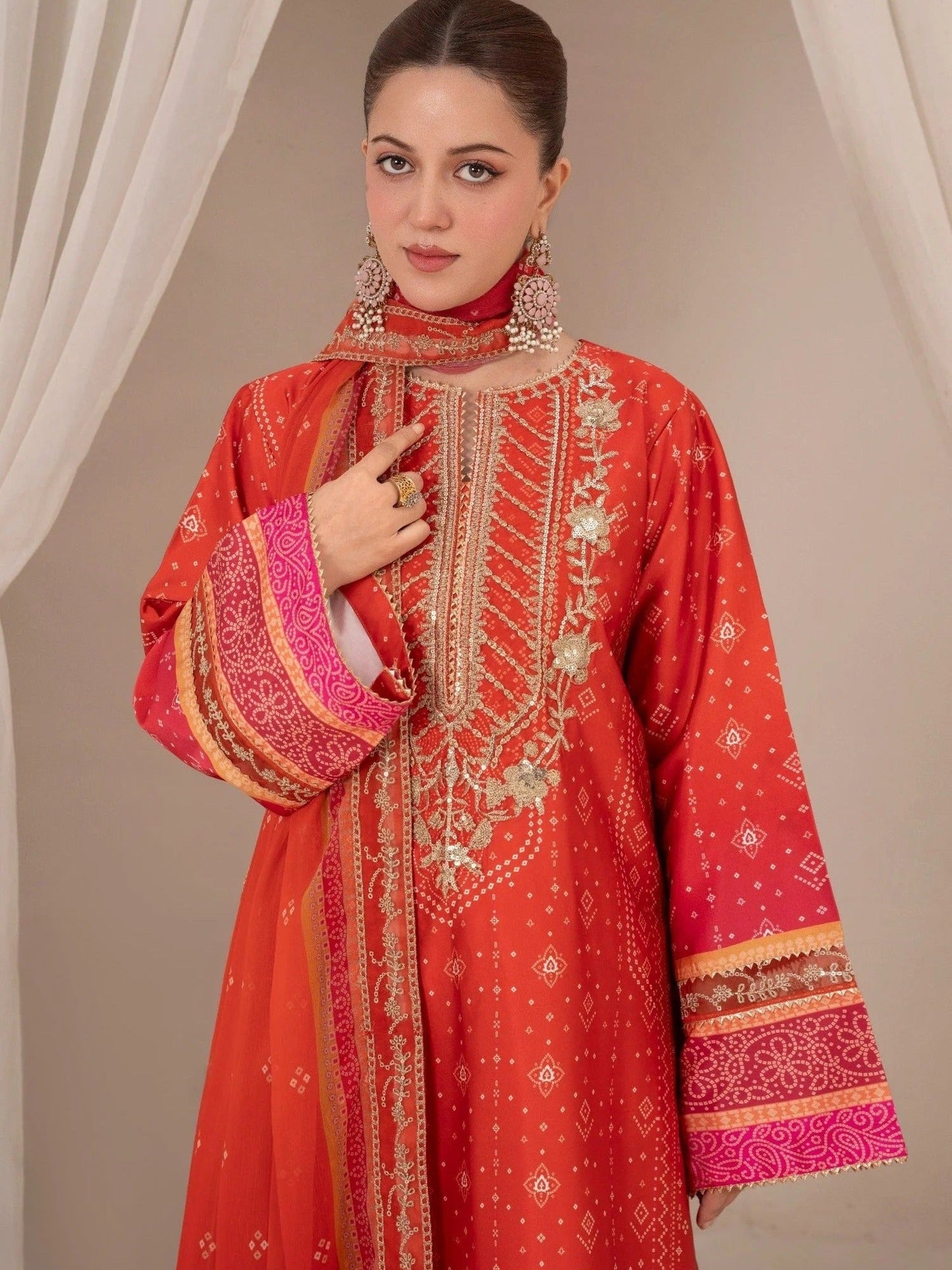 Orange-Chandan Nagri Silk Embroidered Stitched 3-Piece Suit-Derya