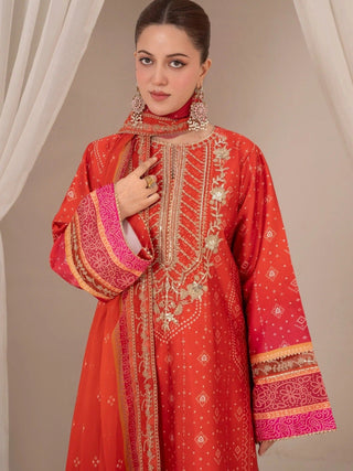 Orange Chandan Nagri Silk Embroidered Stitched 3 Piece Suit Derya