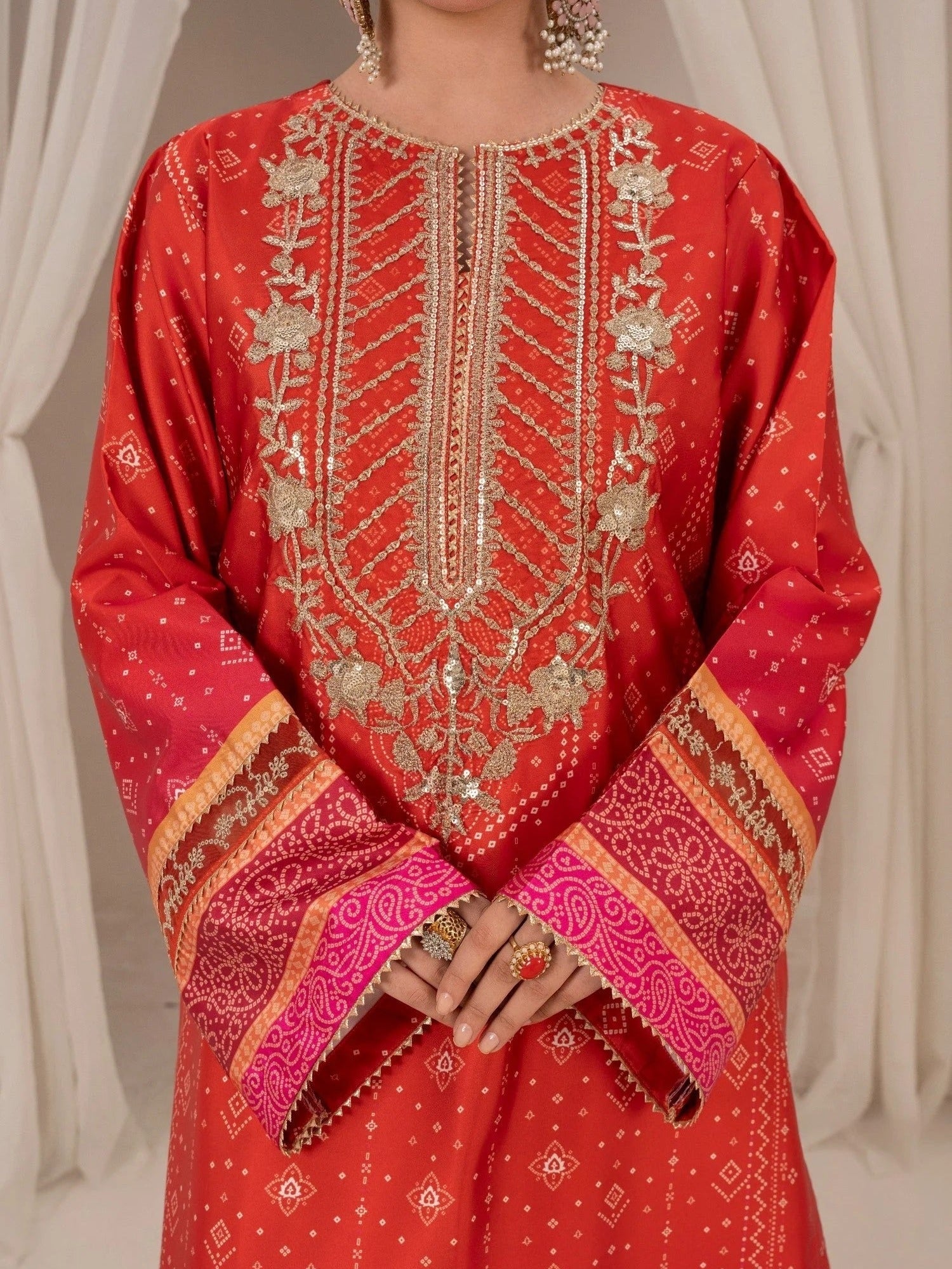 Orange-Chandan Nagri Silk Embroidered Stitched 3-Piece Suit-Derya
