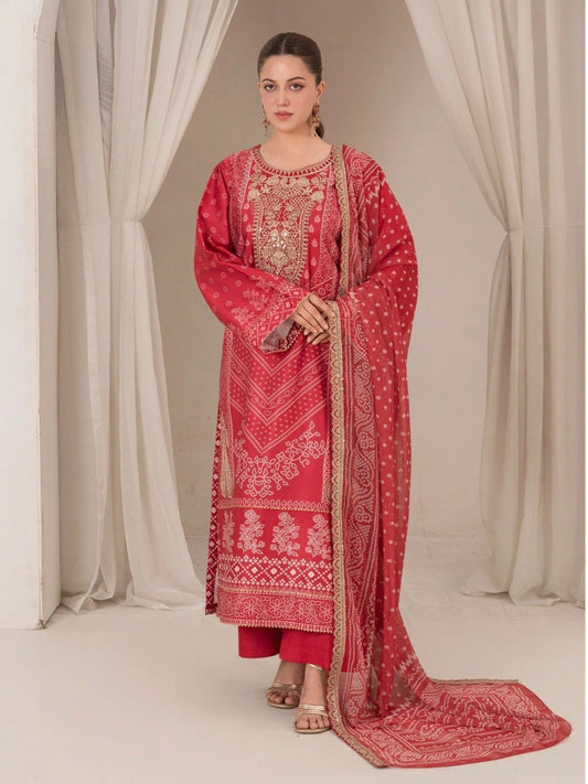 Red-Chandan Nagri Silk Embroidered Stitched 3-Piece Suit-Esra