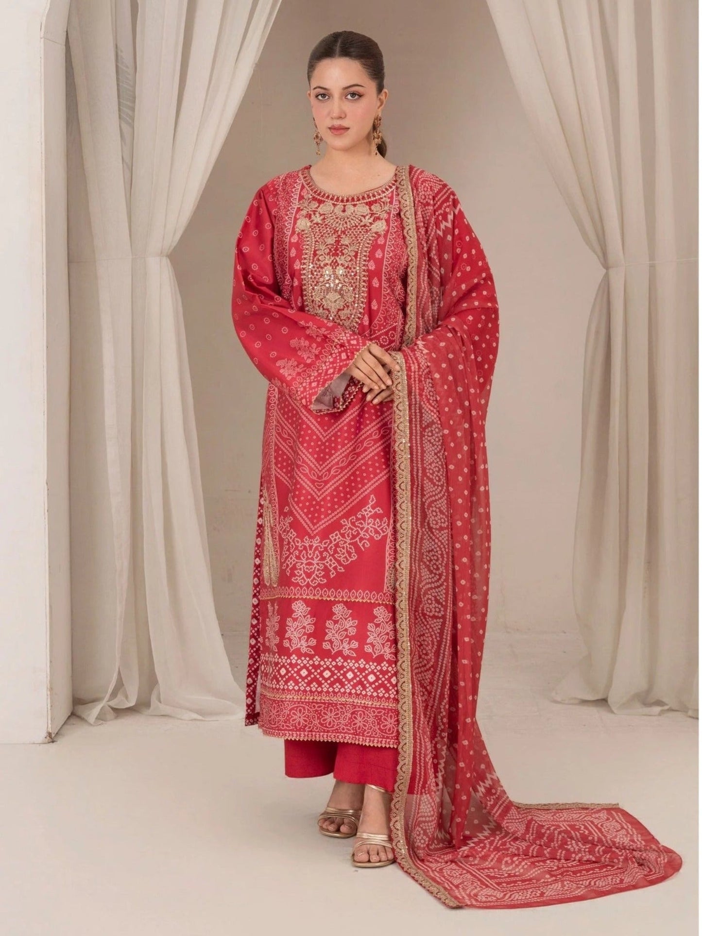 Red-Chandan Nagri Silk Embroidered Stitched 3-Piece Suit-Esra