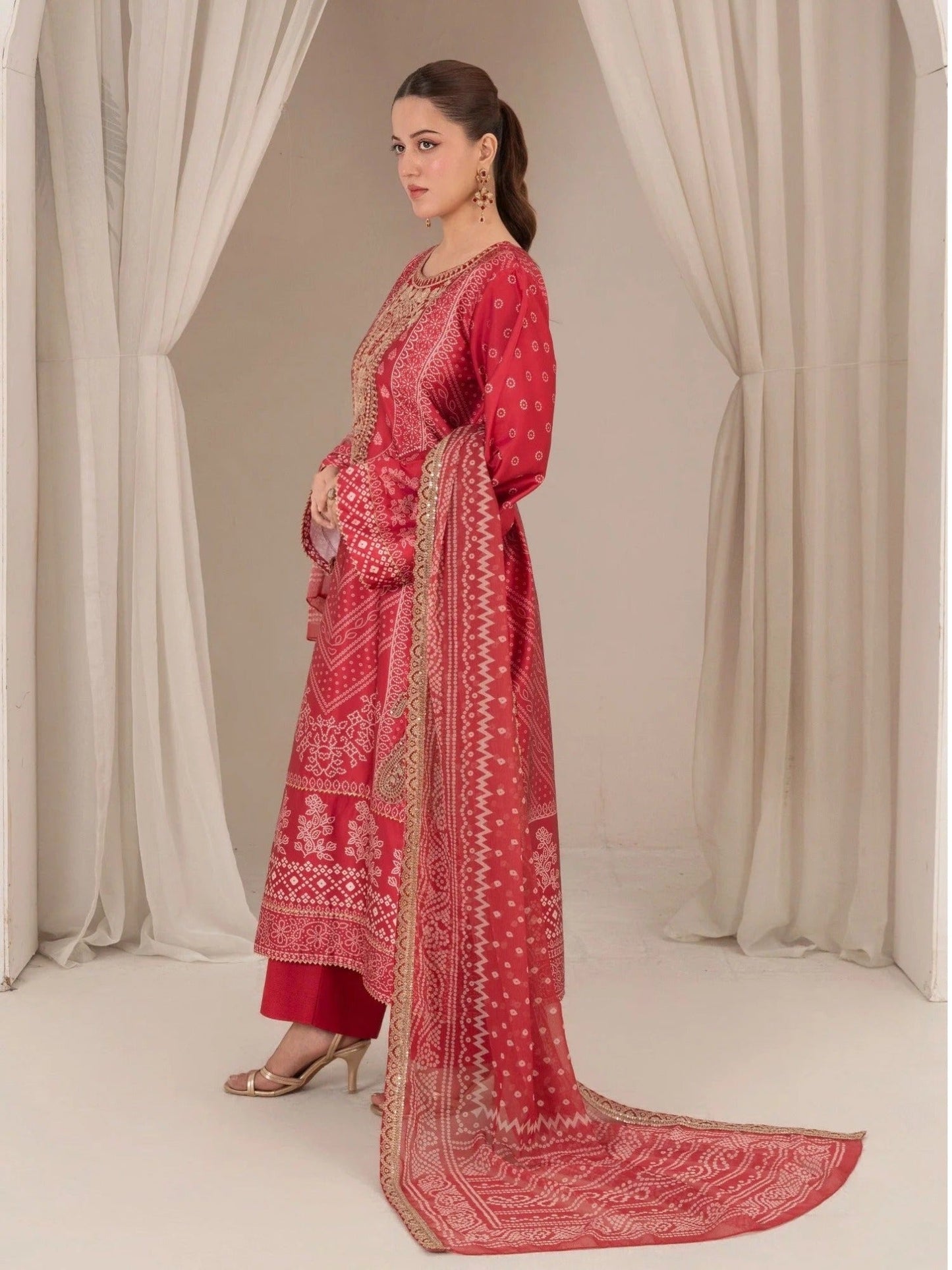 Red-Chandan Nagri Silk Embroidered Stitched 3-Piece Suit-Esra