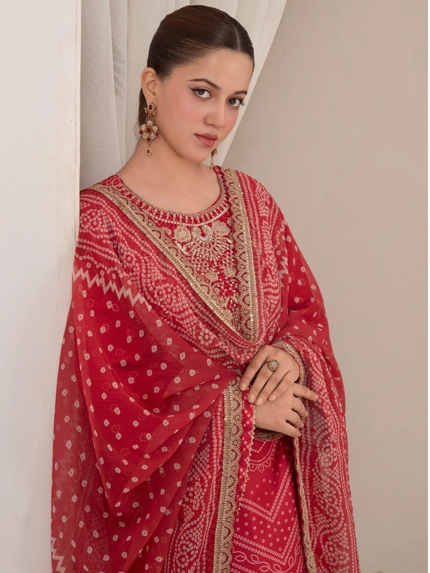 Red-Chandan Nagri Silk Embroidered Stitched 3-Piece Suit-Esra