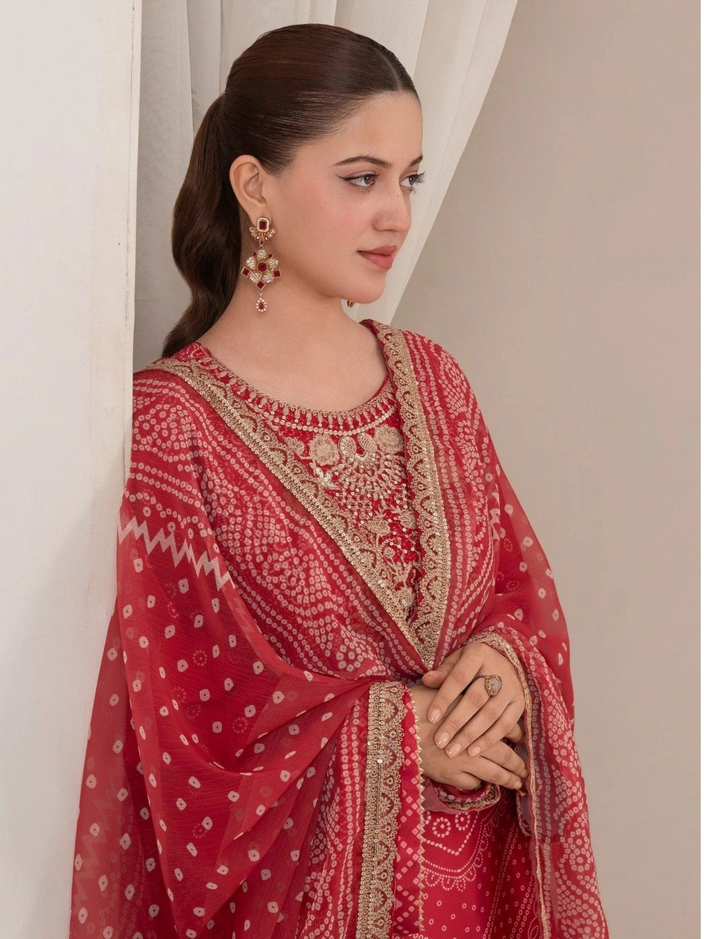 Red-Chandan Nagri Silk Embroidered Stitched 3-Piece Suit-Esra