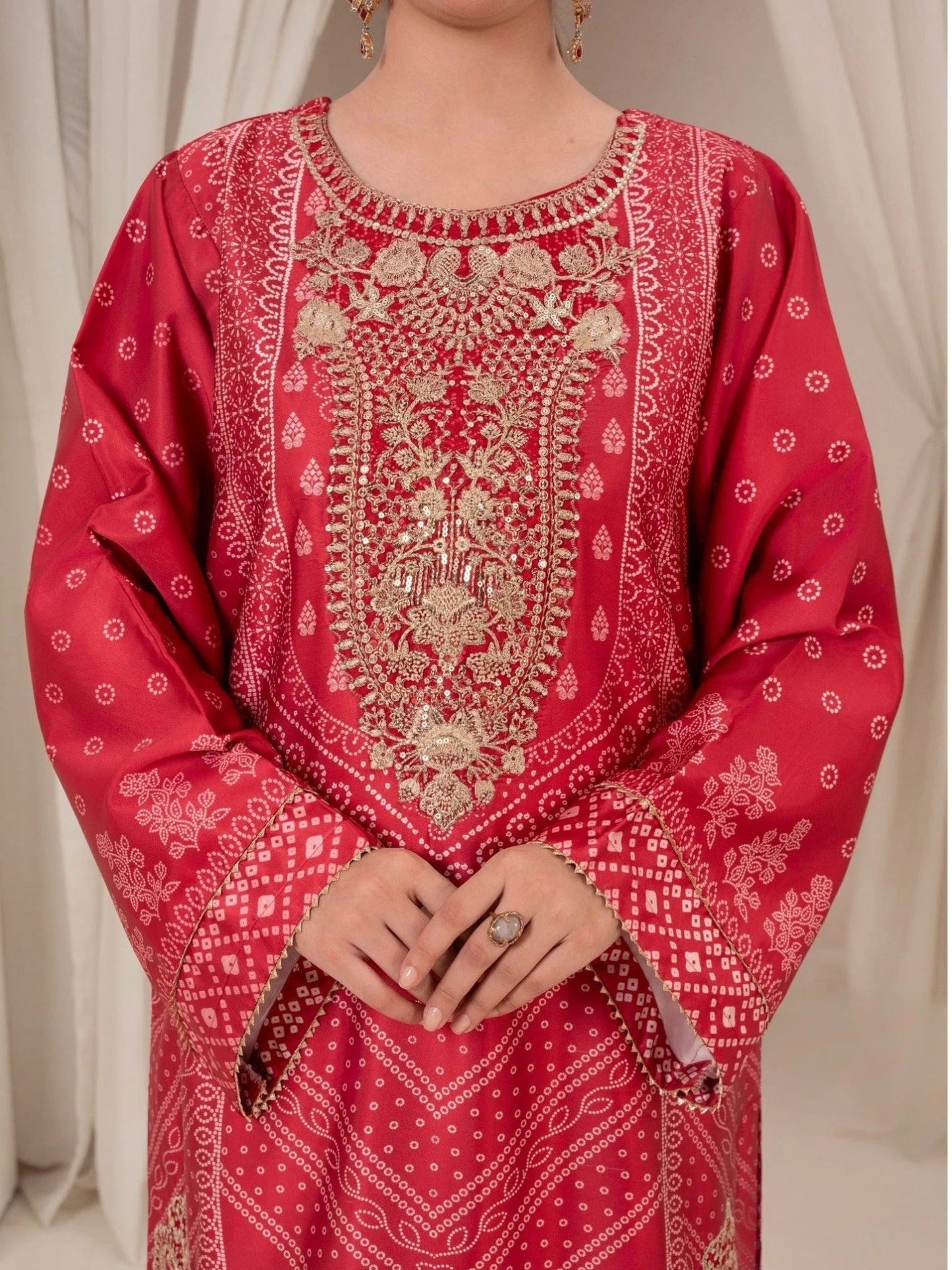 Red-Chandan Nagri Silk Embroidered Stitched 3-Piece Suit-Esra