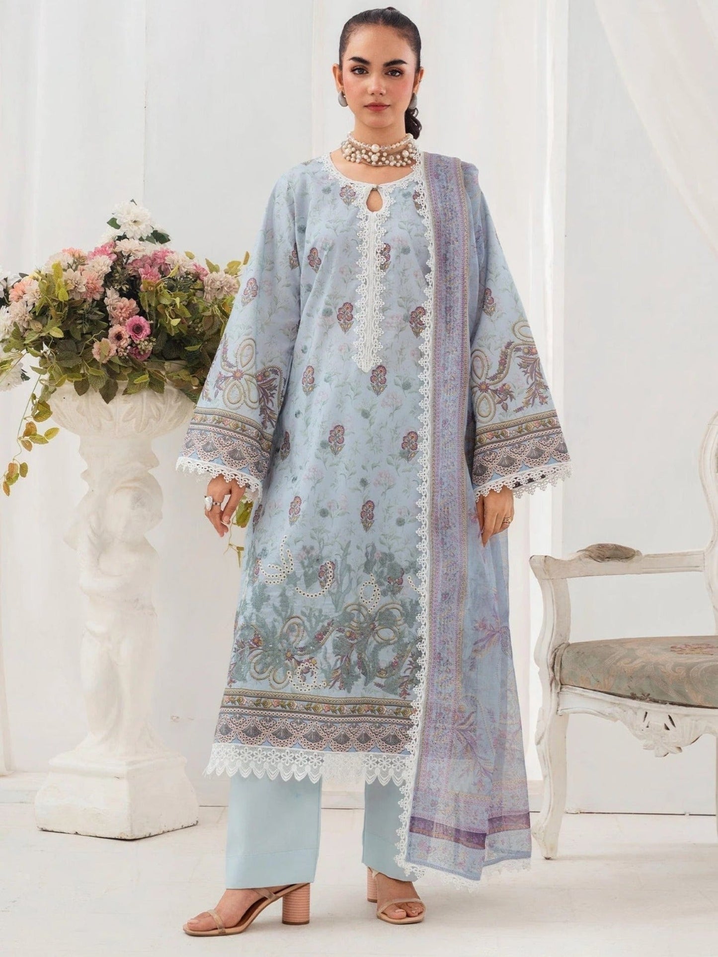 Blue-Chandan Nagri Lawn Embroidered Stitched 3-Piece Suit-Brisa