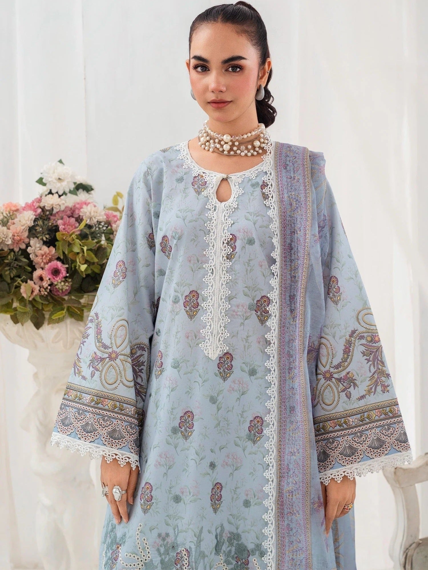 Blue-Chandan Nagri Lawn Embroidered Stitched 3-Piece Suit-Brisa