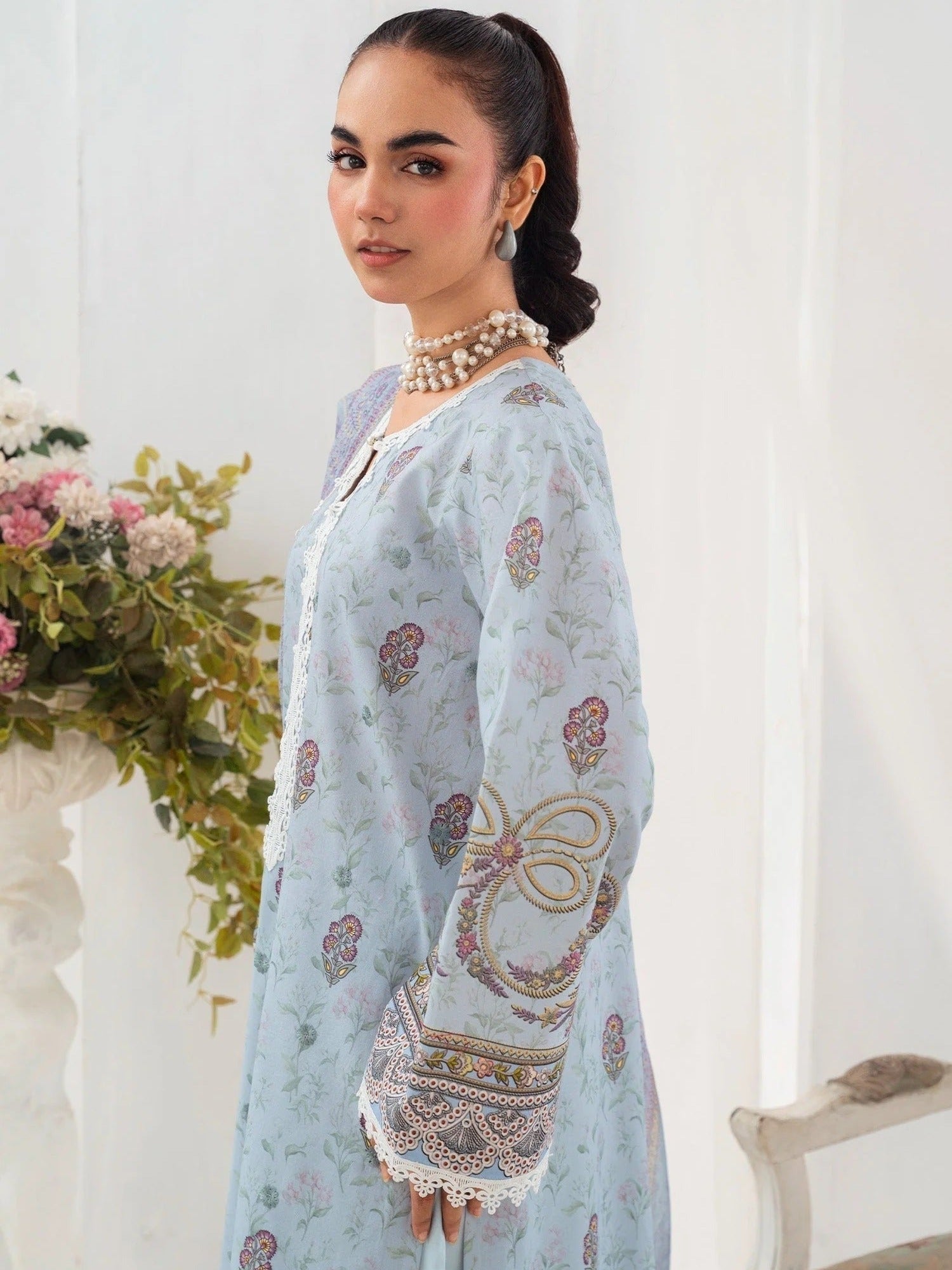 Blue-Chandan Nagri Lawn Embroidered Stitched 3-Piece Suit-Brisa