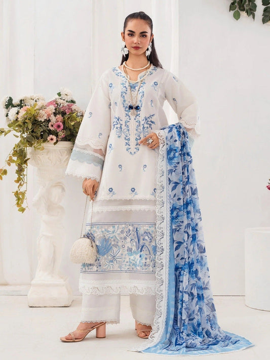 Blue and white-Chandan Nagri Lawn Embroidered Stitched 3-Piece Suit-Auree