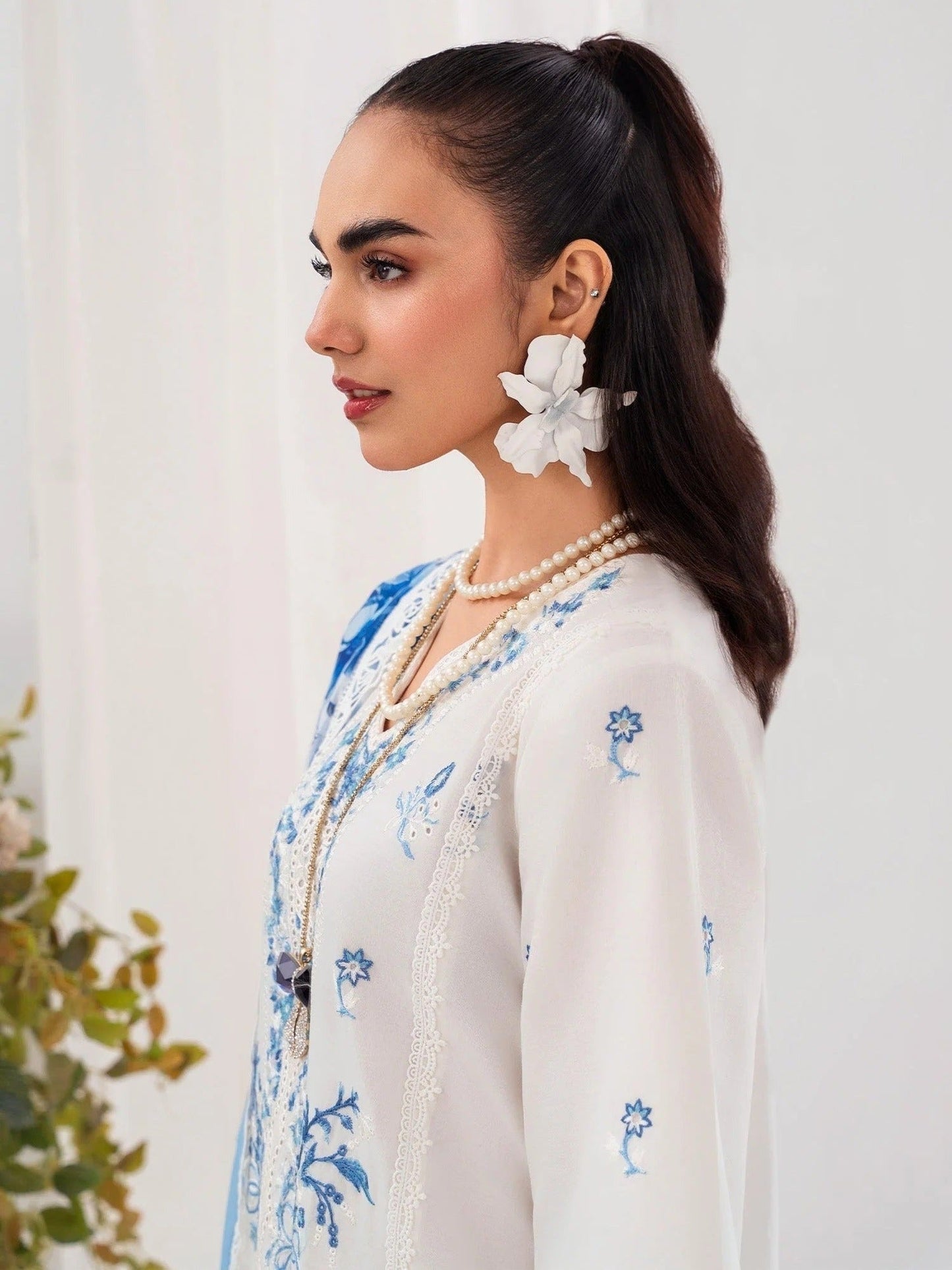 Blue and white-Chandan Nagri Lawn Embroidered Stitched 3-Piece Suit-Auree
