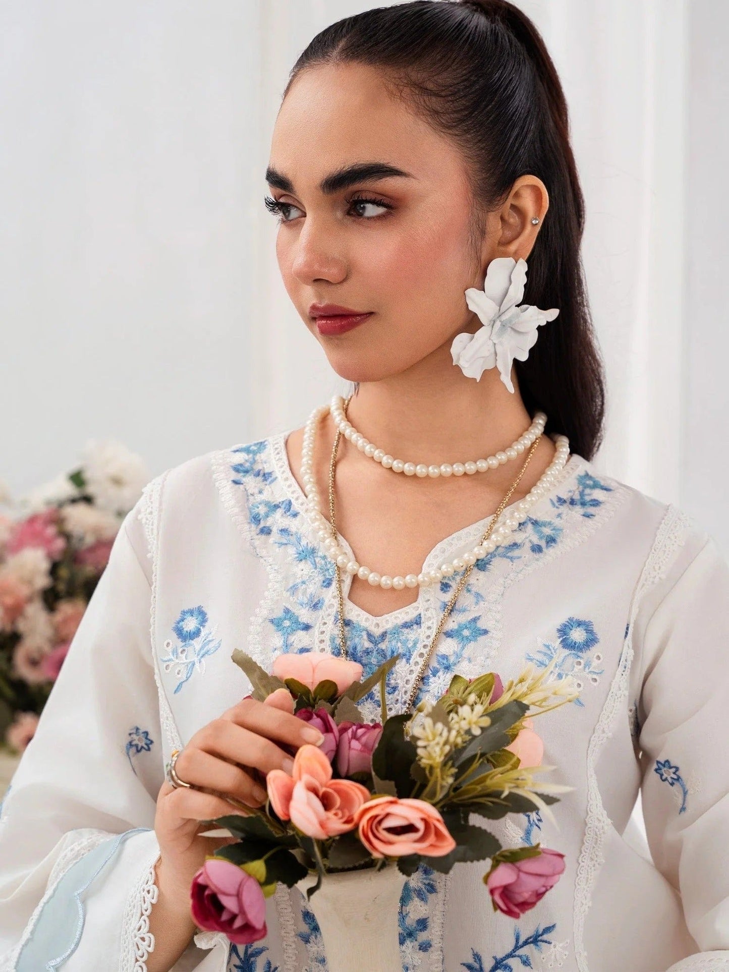 Blue and white-Chandan Nagri Lawn Embroidered Stitched 3-Piece Suit-Auree