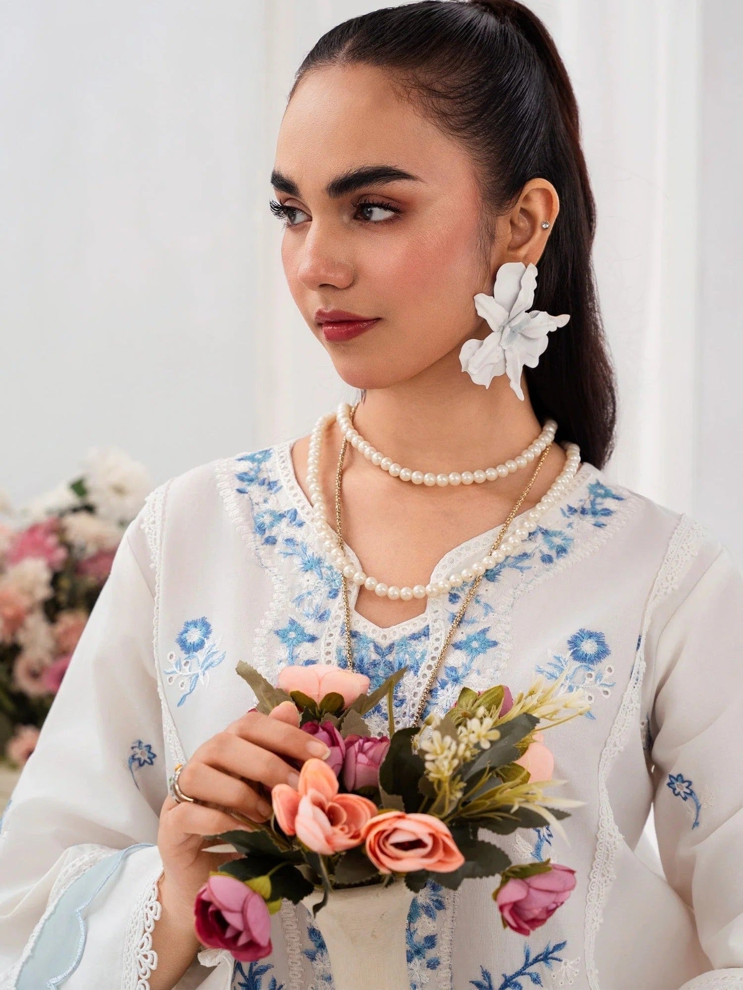 Blue and white-Chandan Nagri Lawn Embroidered Stitched 3-Piece Suit-Auree