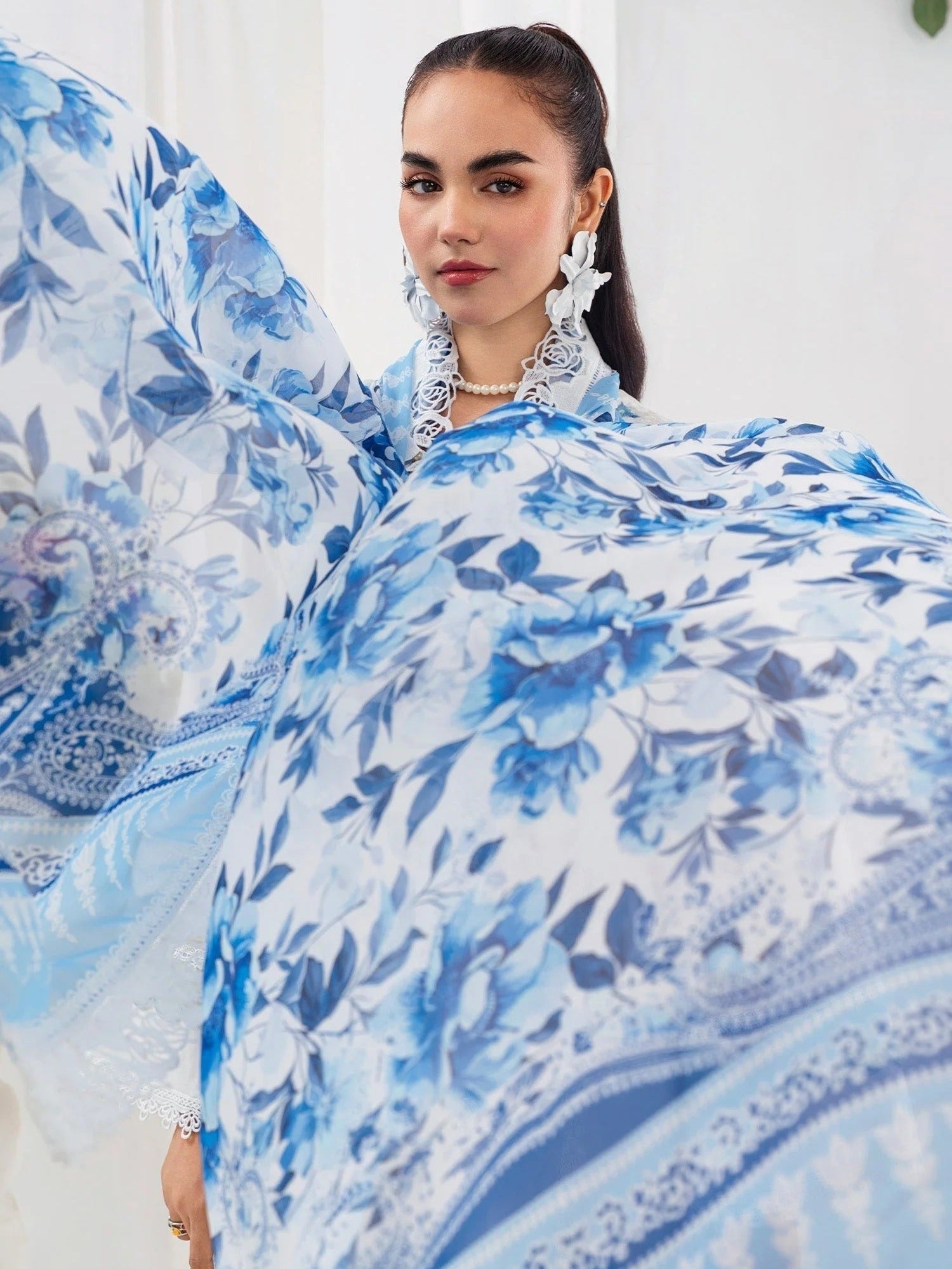 Blue and white-Chandan Nagri Lawn Embroidered Stitched 3-Piece Suit-Auree