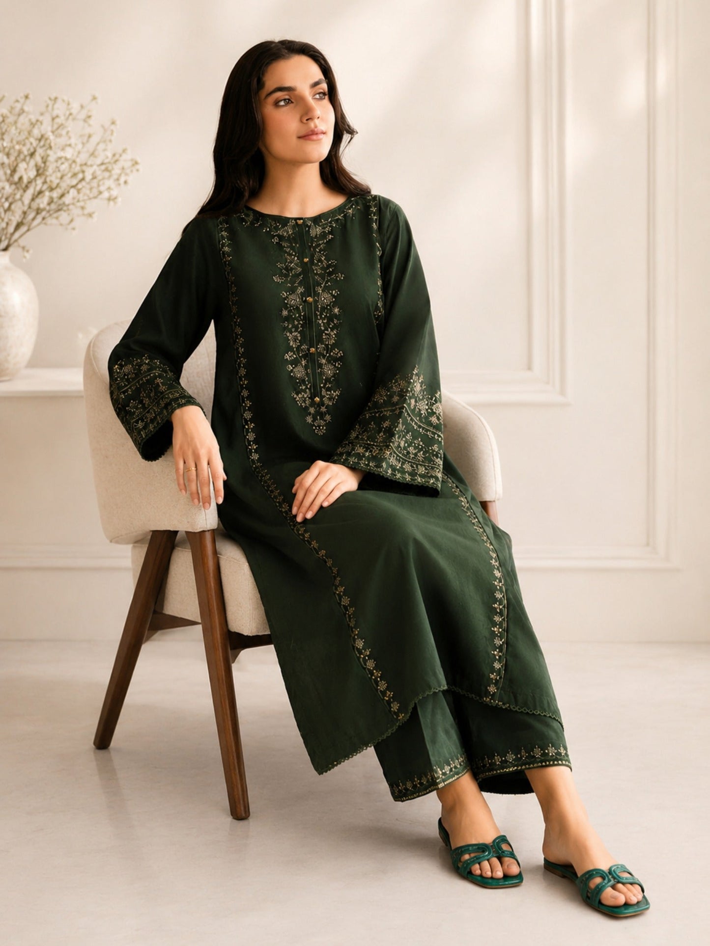 Green Alina Lime Lawn Embroidered Stitched 3-Piece Suit-Grace