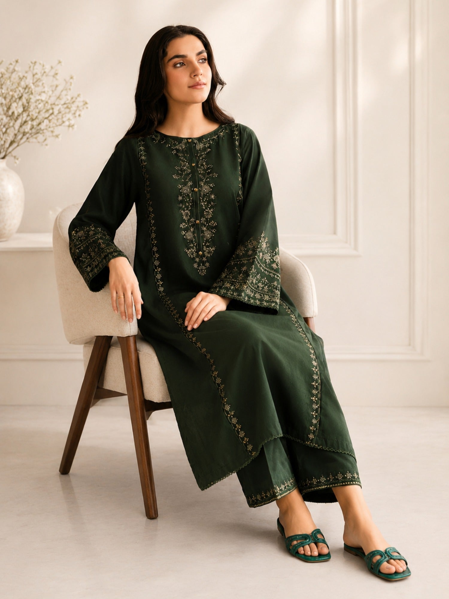 Green Alina Lime Lawn Embroidered Stitched 3-Piece Suit-Grace