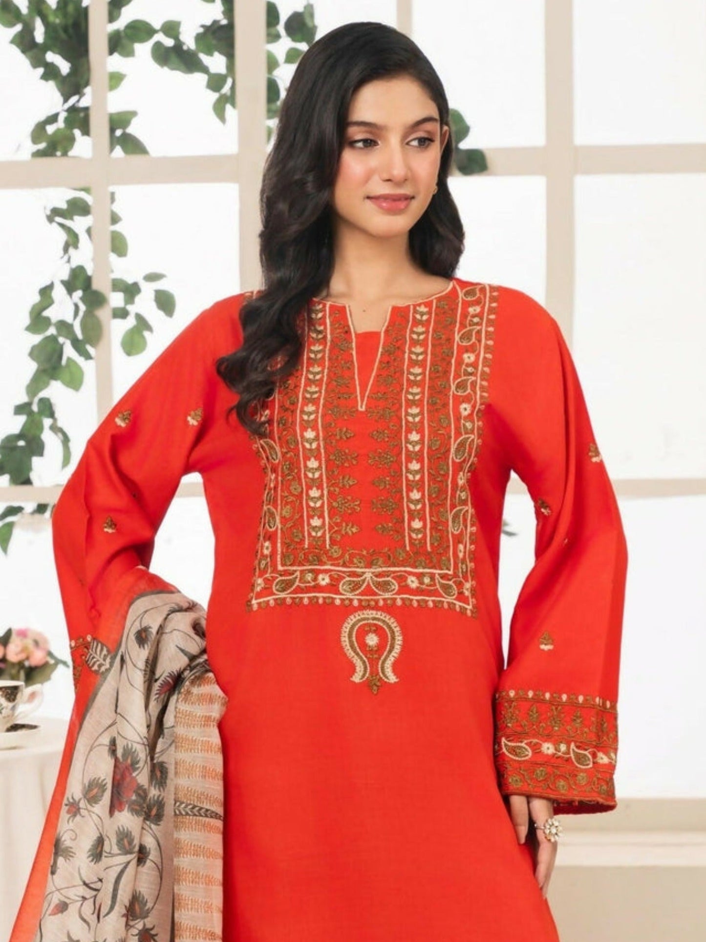 Orange Alina Lime Lawn Embroidered Stitched 3-Piece Suit-Minal
