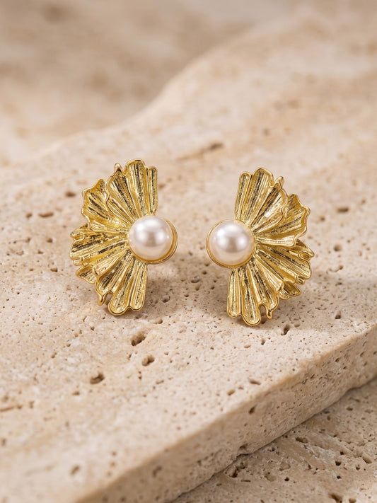 Golden and white-Orya Jewellery Stud Earrings-Pearl White E71