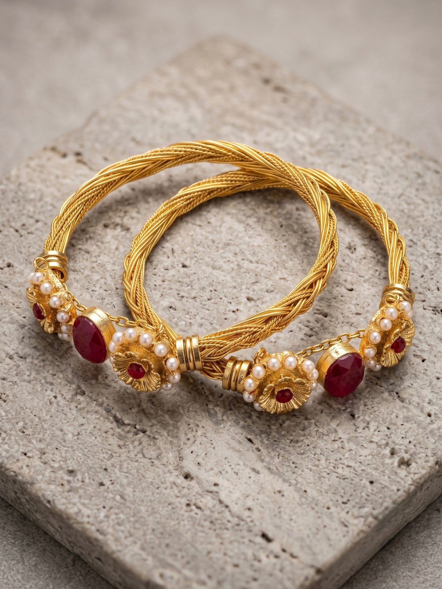 Golde, redn and Whie-Orya Jewellery Bangle Set-Ruby Red B16