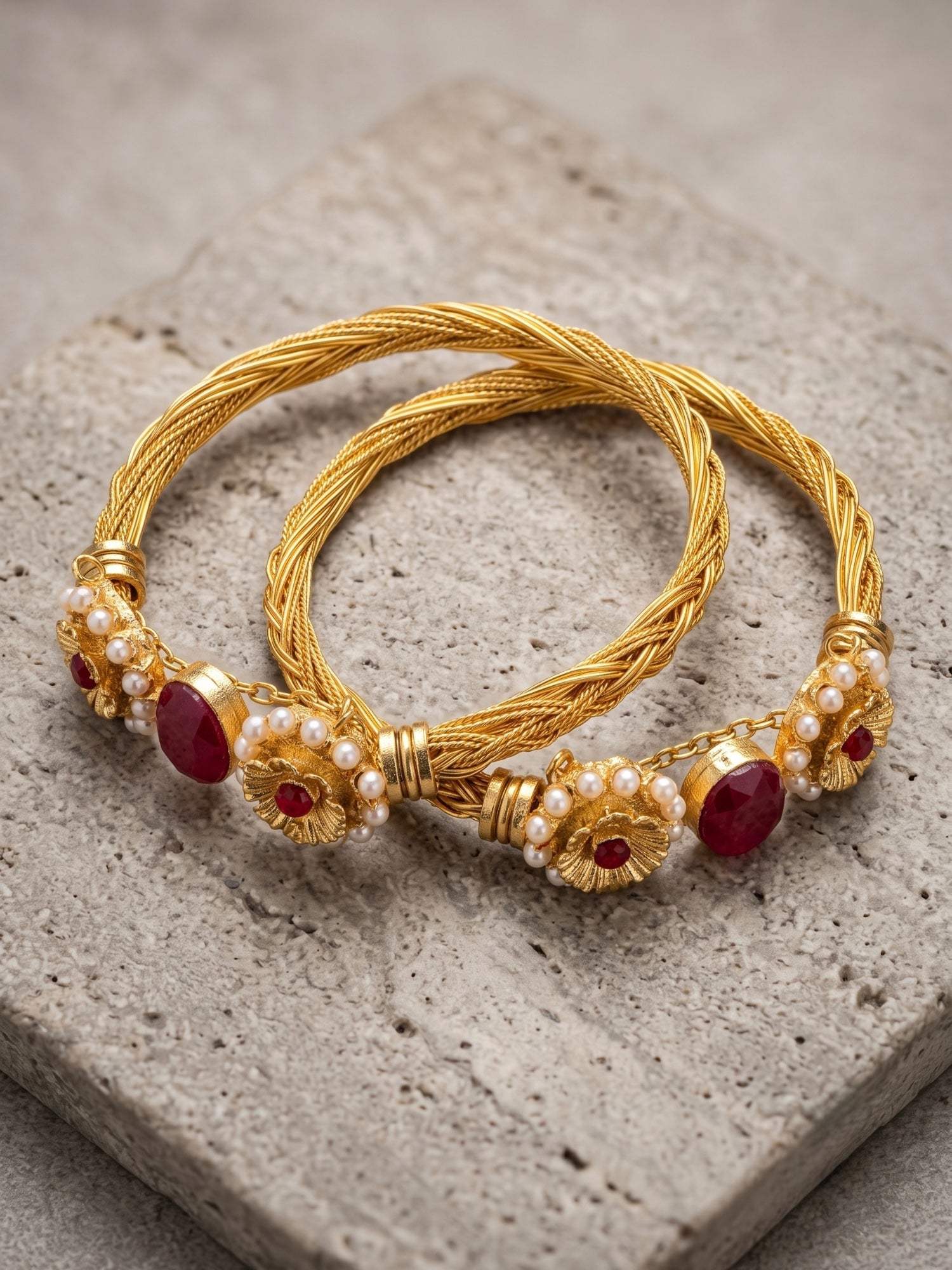 Golde, redn and Whie-Orya Jewellery Bangle Set-Ruby Red B16
